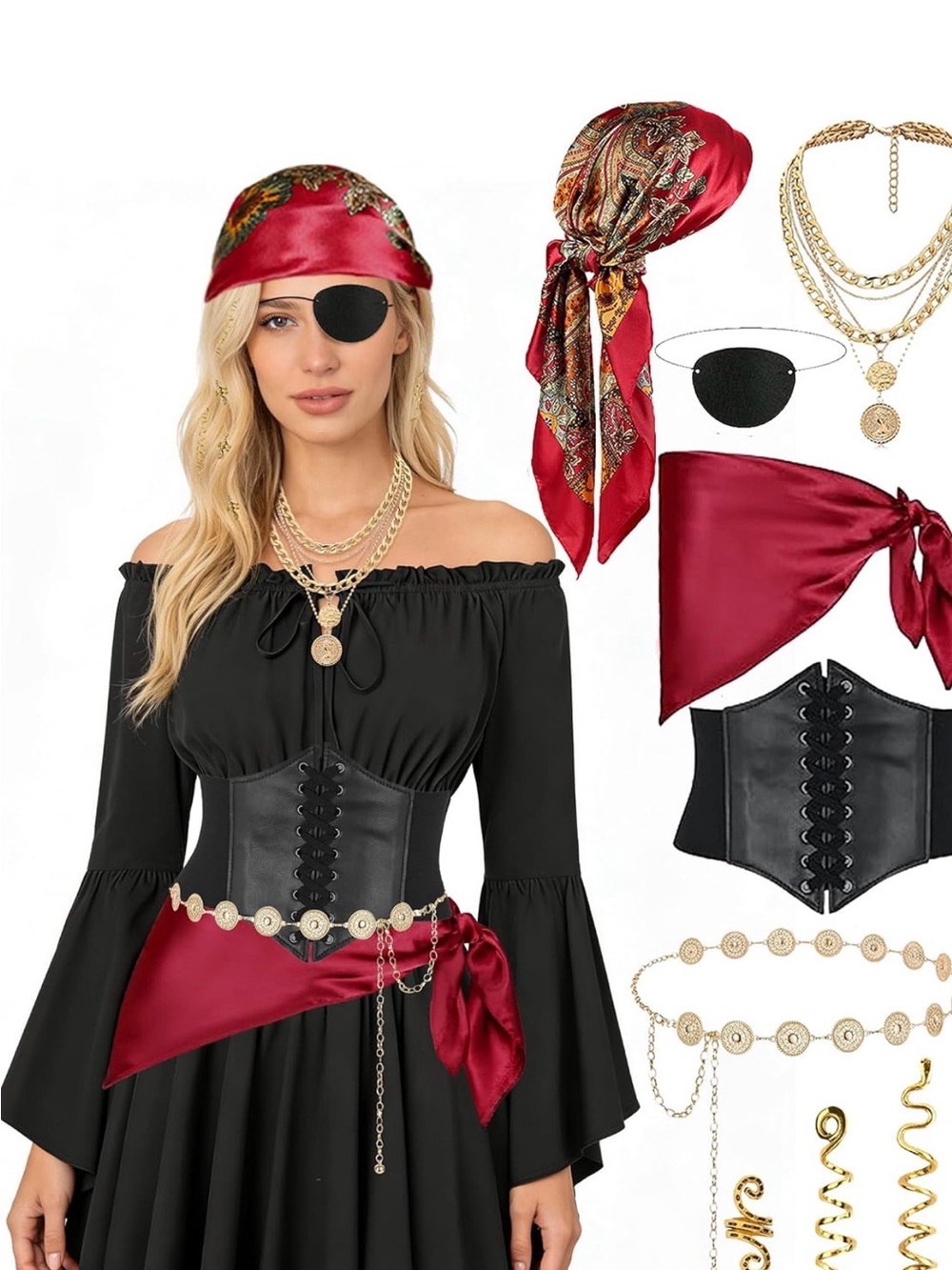 Women Pirate Costume Set Halloween Dress Outfit with Accessories